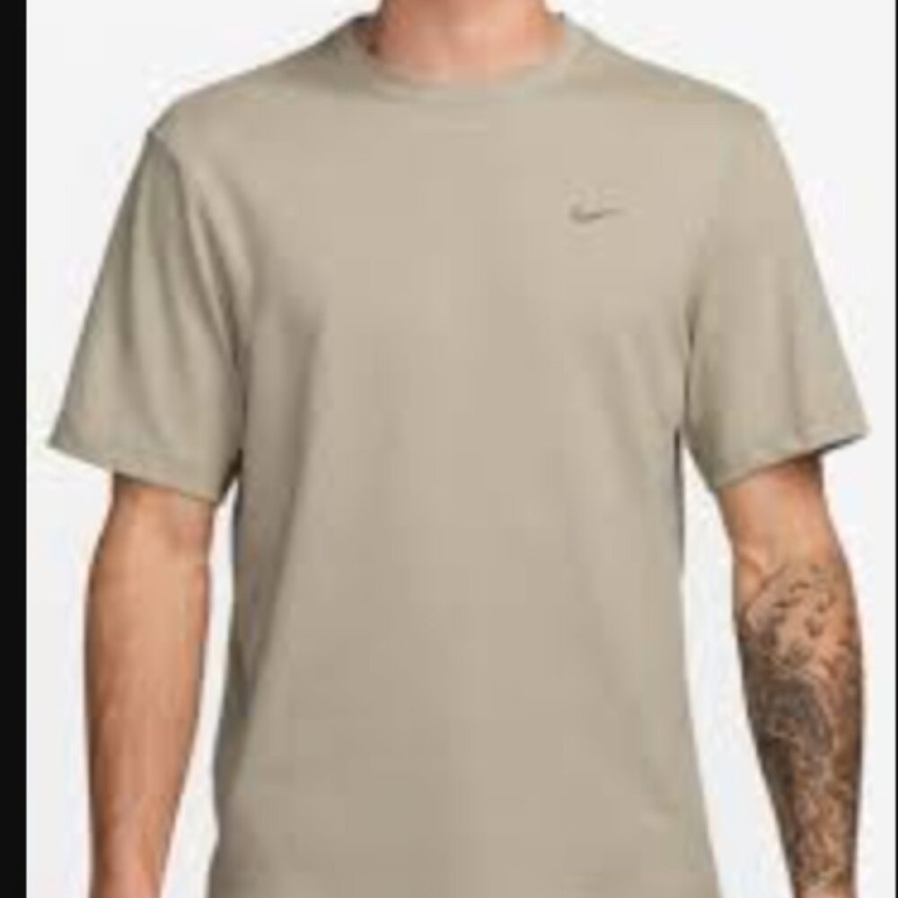 Nike Dri-Fit Tee T-Shirt Tan Beige Athletic Black Swoosh Logo Men's Cotton Small